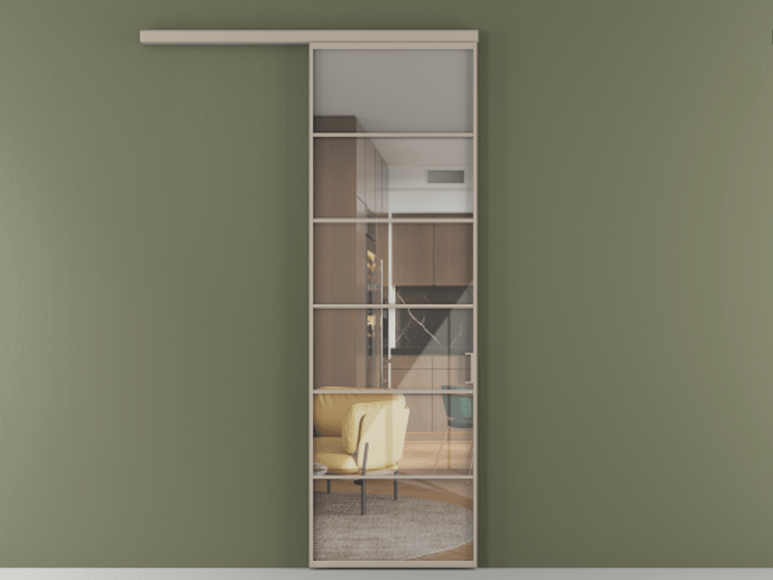 Перегородка Формато вдоль стены 1 створка АЛПР 040.04 Алюминий бисквитный Рефлективное прозрачное стекло "Стопсол", калёное Цена 100295 ₽  | Volhovec